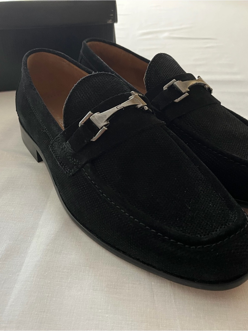 Saks Fifth Avenue Black Suede Loafers with Silver Horsebit